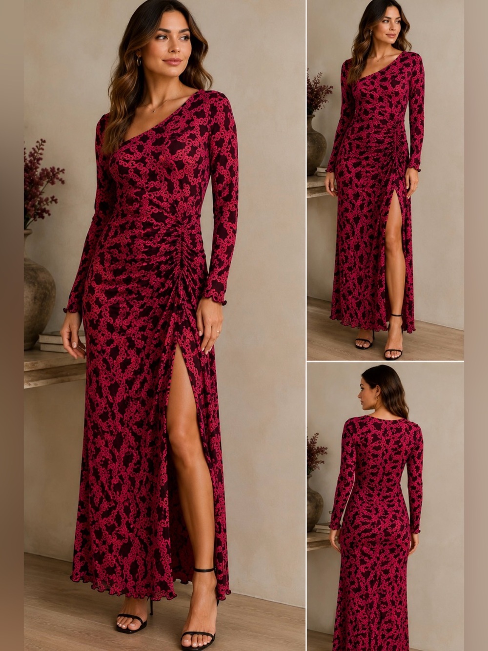Diane von Furstenberg DVF Chain Print Ruched Maxi Dress Pink Brown Long Sleeve L